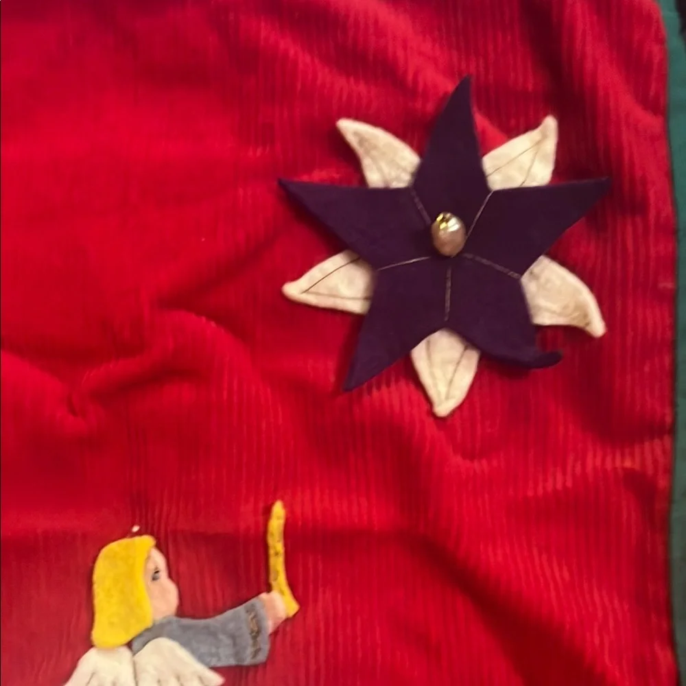 VTG Red Holiday Stocking with Felt Angel, Christmas Tree, Snowman & More